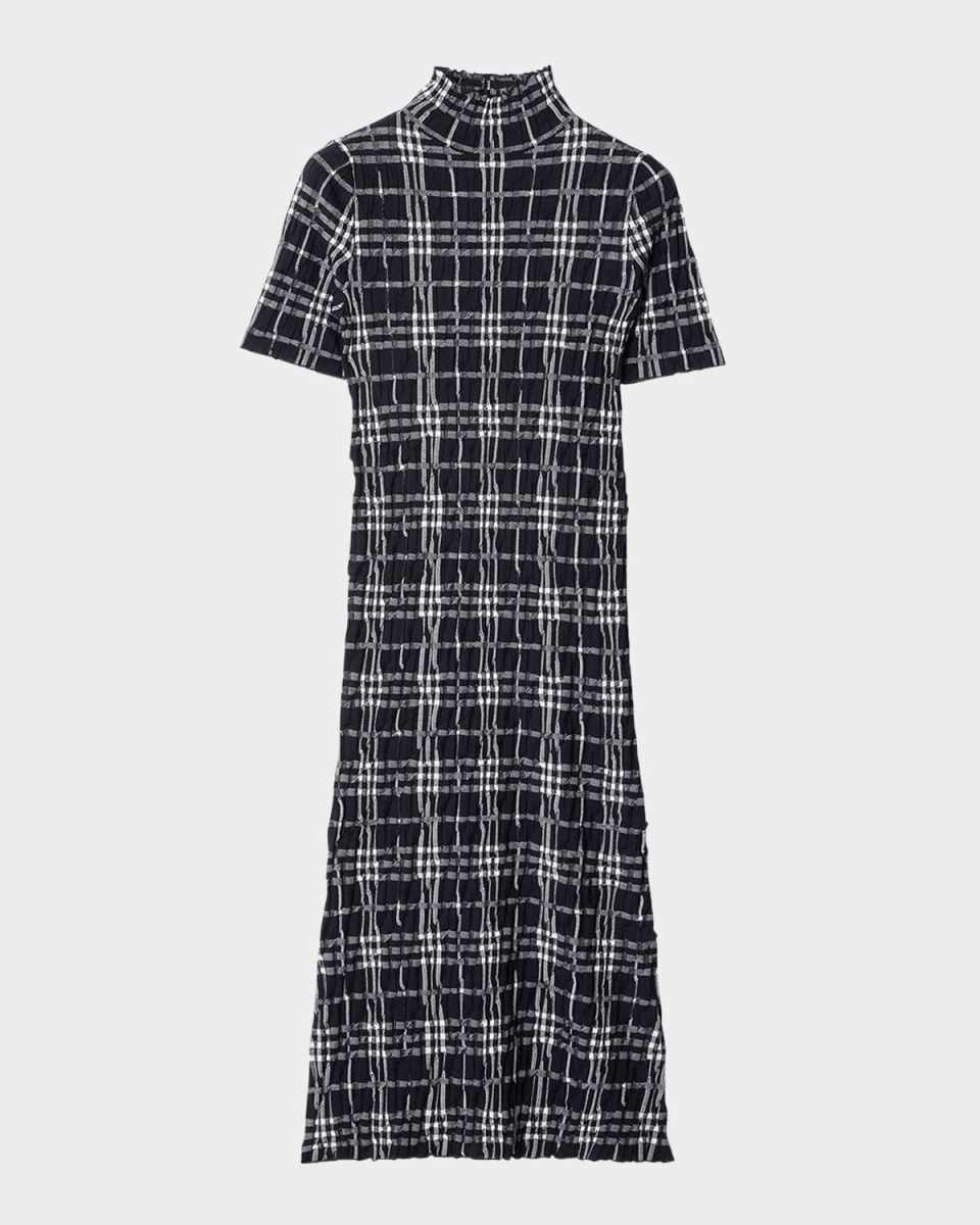 Check Short-Sleeve Crinkle Midi Dress